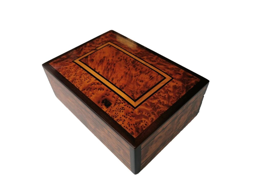 T142- Luxurious Inlaid Jewellery Box. 7.8x5.5x2.7 ″ Thuya Burl and Ebony