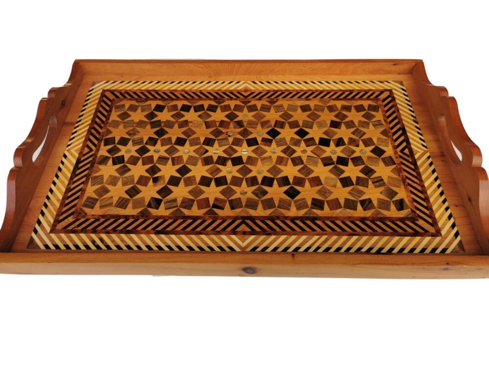 T143- Luxurious Thuya Burl Tray,18.8x11.8x2.3" Hand inlaid with Walnut and Lemon wood - Image 3