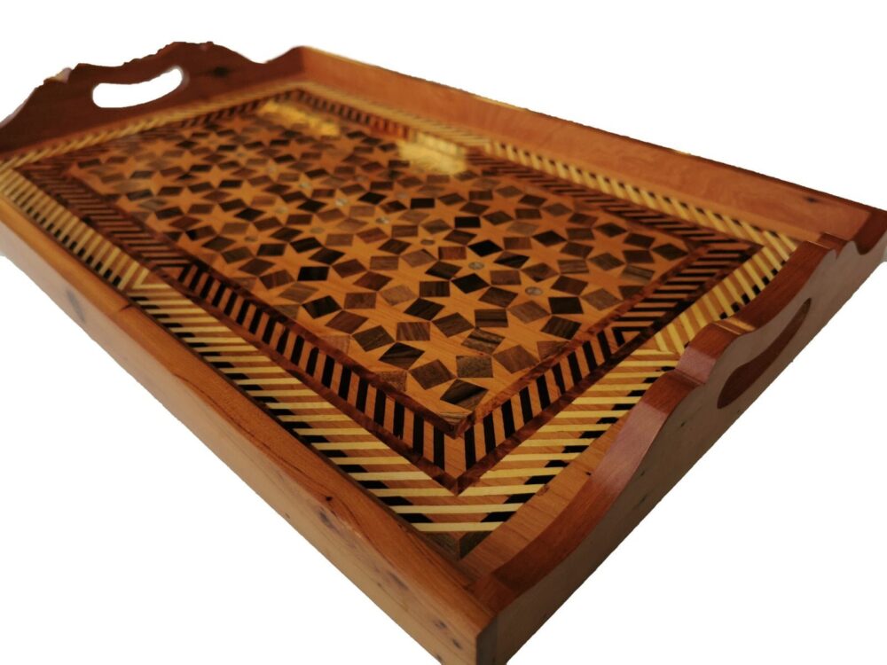 T143- Luxurious Thuya Burl Tray,18.8x11.8x2.3" Hand inlaid with Walnut and Lemon wood - Image 2