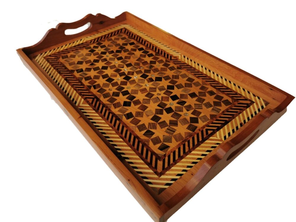 T143- Luxurious Thuya Burl Tray,18.8x11.8x2.3" Hand inlaid with Walnut and Lemon wood