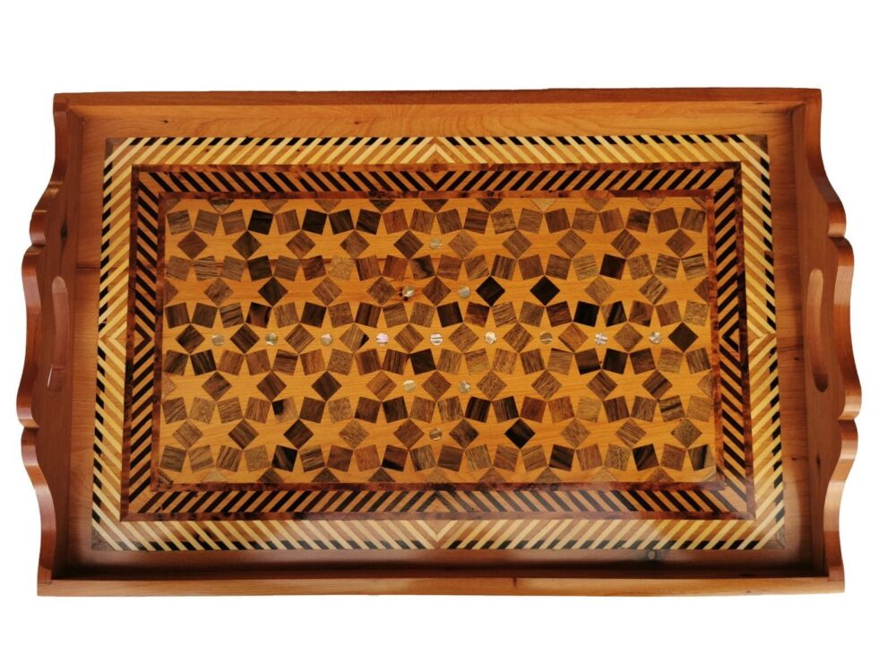 T143- Luxurious Thuya Burl Tray,18.8x11.8x2.3" Hand inlaid with Walnut and Lemon wood - Image 4