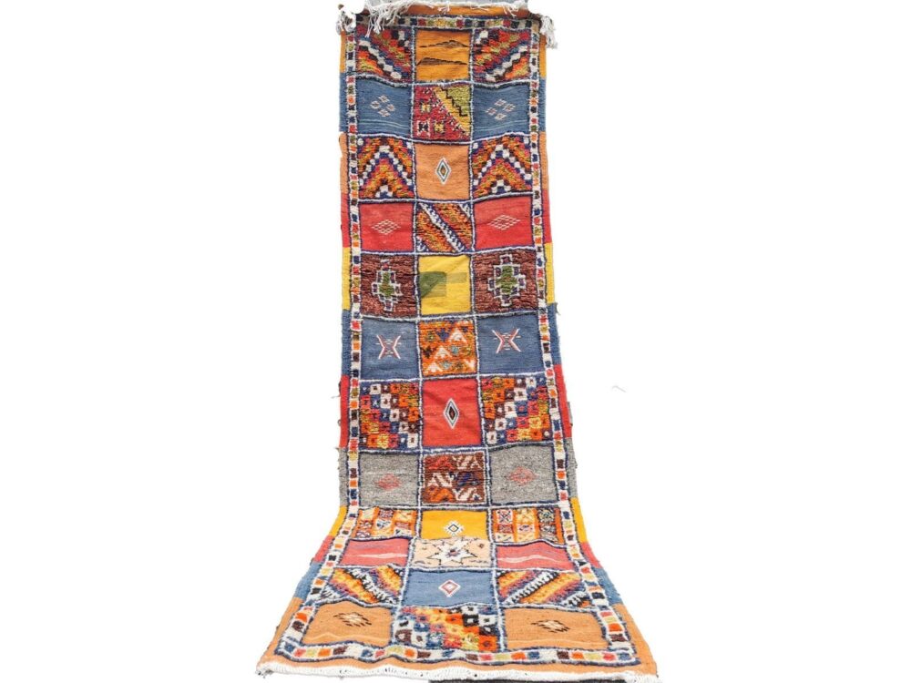 R217- Handmade Colourful Moroccan Berber Runner . Camel Wool Carpet- 8.5x2.3 ft 260x73cm