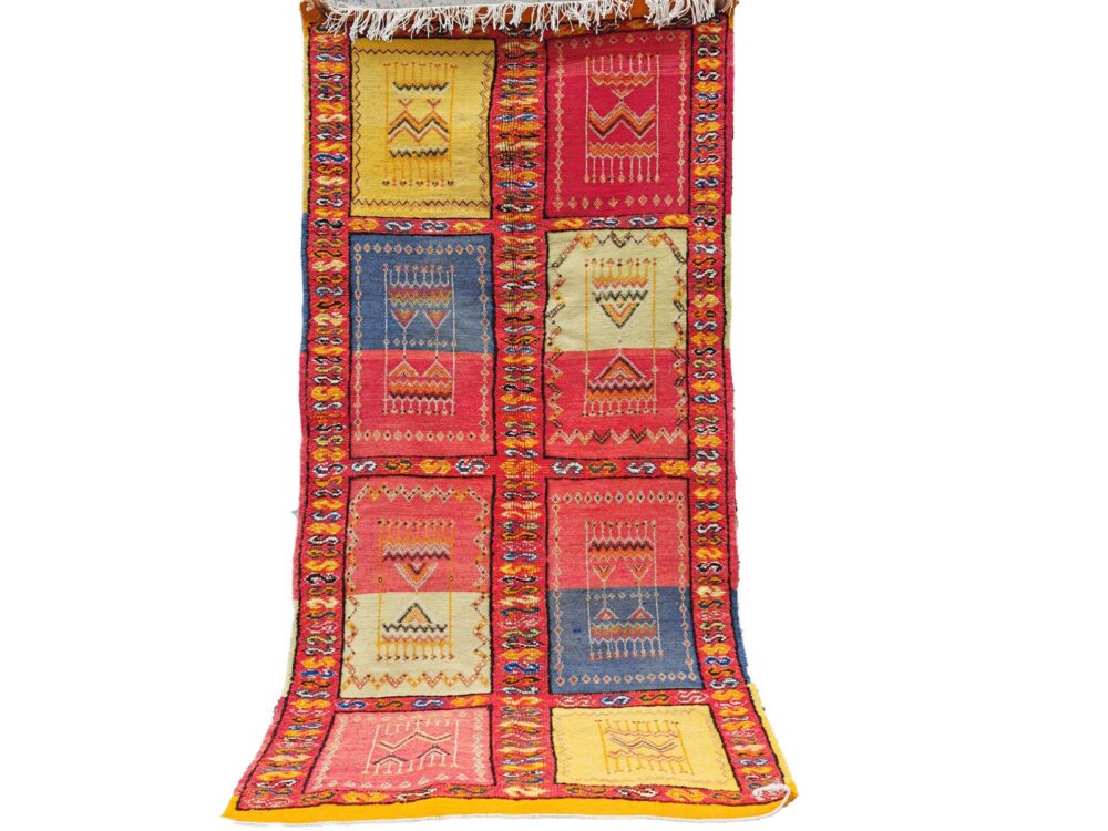 R302- Handmade Colourful Moroccan Berber Rug. Camel Wool Carpet-7.5×3.6 ft 230x110cm