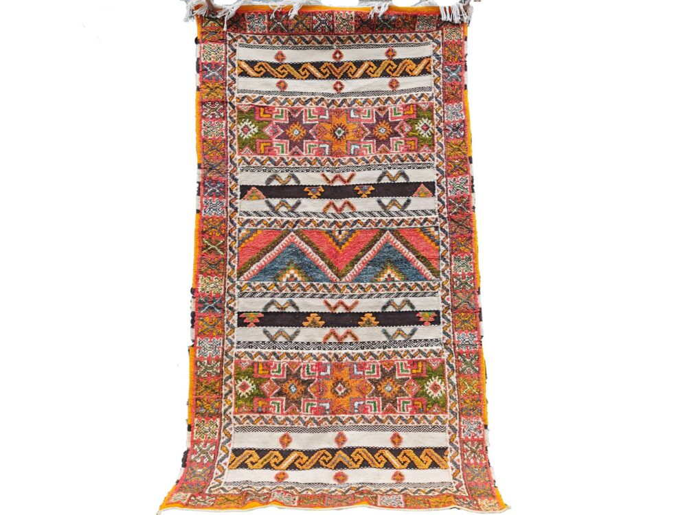 R191- Handmade Large Colourful Moroccan Berber Rug. Camel Wool Carpet-6.8×3.7 ft 210x115cm